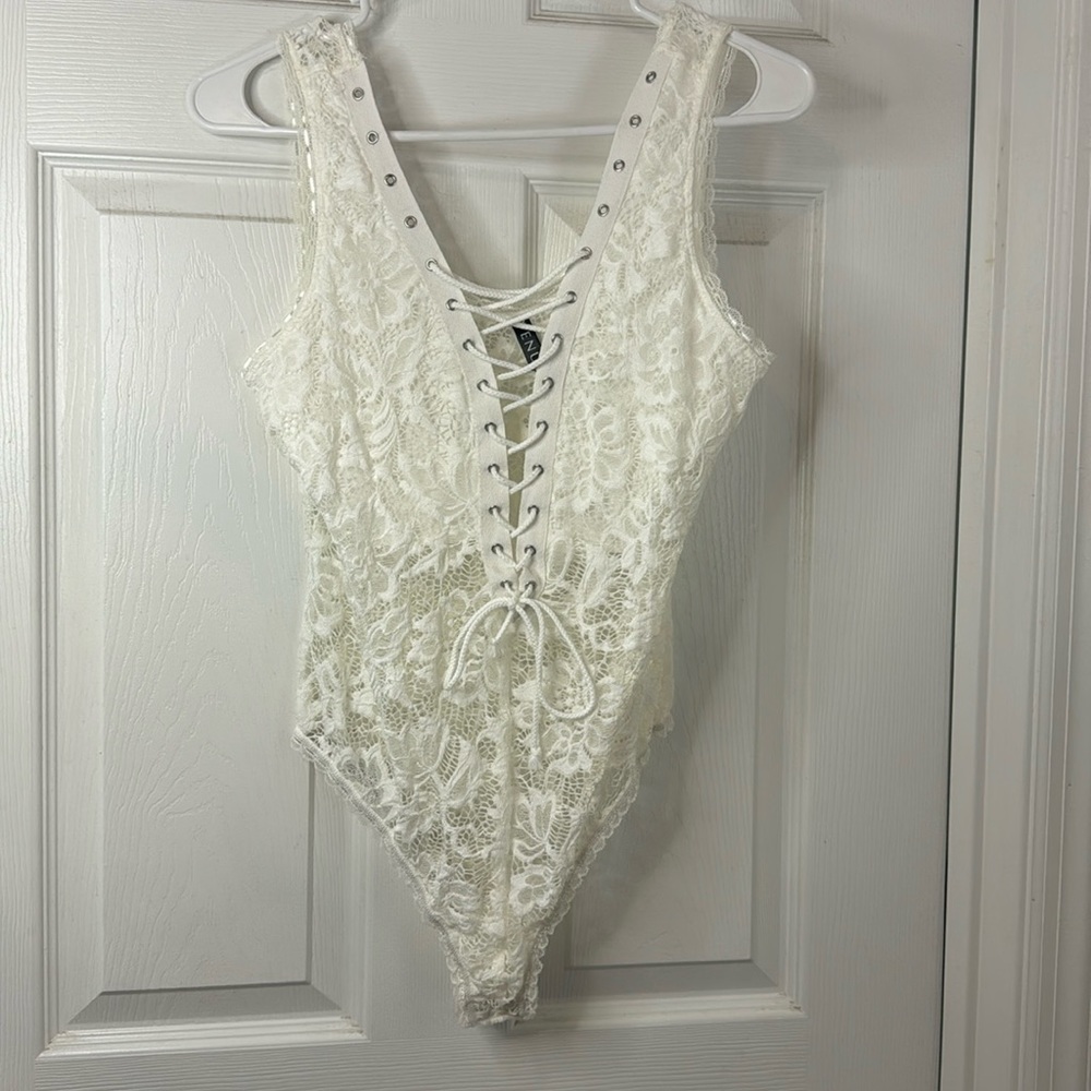 Lace bodysuit with tie up in the front